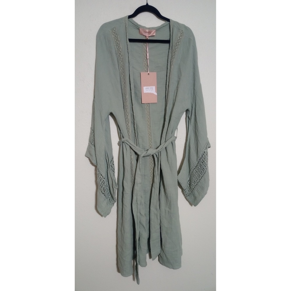 Scandal Italy Zaina Green Crinkle Gauze Lace Trim Kimono Cardigan NWT
